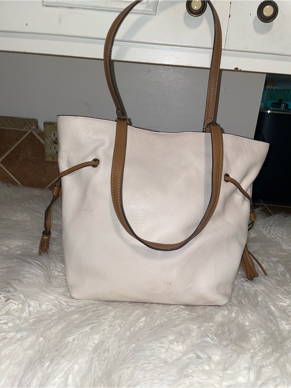 Coach Cream Tote with Brown Trim and Handles